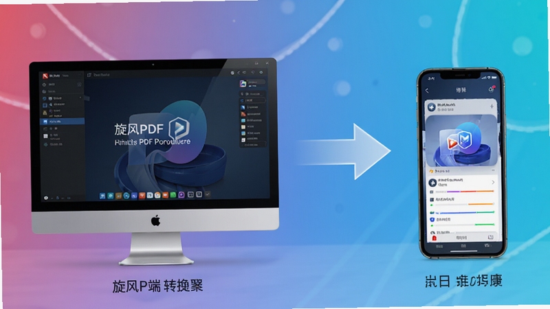 展示旋风PDF转换器在不同设备上的使用场景,左侧为电脑端界面,右侧为手机端界面,中间用箭头连接,体现出跨平台操作的便捷性,背景为渐变色,整体风格现代科技感