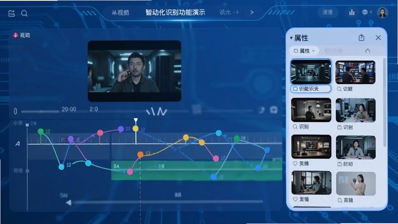 视频剪辑智能场景识别功能演示图,时间线上自动生成多个彩色标记点,右侧属性面板显示识别出的场景缩略图列表,背景为简洁的蓝色科技感界面,突出自动化剪辑的便捷性