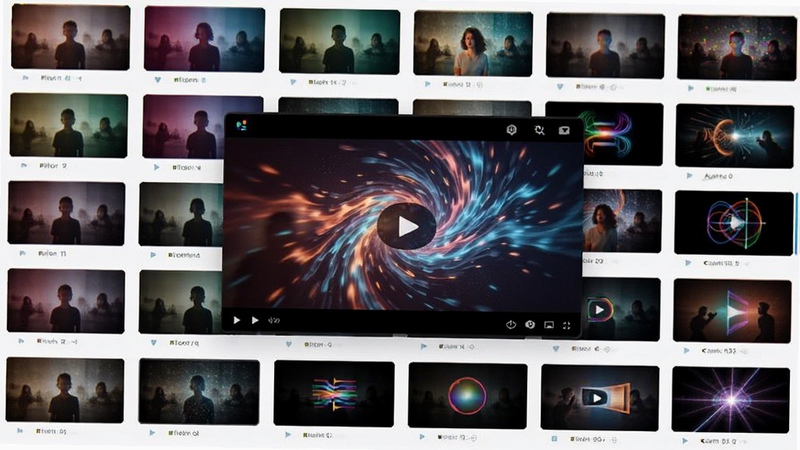 视频剪辑软件特效资源库展示图,画面以网格形式展示各种滤镜效果和转场动画缩略图,中心位置有一个视频预览窗口正在应用动态特效,色彩丰富,直观展现海量素材,界面设计精美