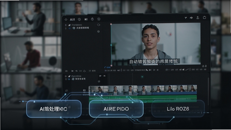 视频剪辑软件AI智能剪辑功能演示图,画面中显示自动识别人物主体并生成字幕轨道的界面,背景为模糊的原始视频素材,前景是清晰的AI处理选项按钮,体现人工智能技术,风格现代科技感