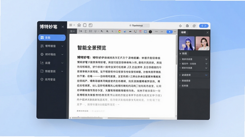 博特妙笔核心功能全景预览图,画面中央是软件主界面,左侧功能导航栏,右侧编辑区展示一篇正在生成的文案,背景为柔和的渐变蓝色,整体风格现代简约,突出智能与高效