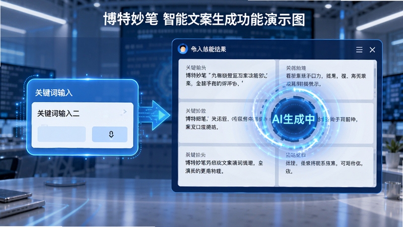 博特妙笔智能文案生成功能演示图,界面展示输入关键词后自动生成多段文案的过程,左侧为关键词输入框,右侧为生成结果预览,配有“AI生成中”的动态效果,整体色调明亮,科技感强