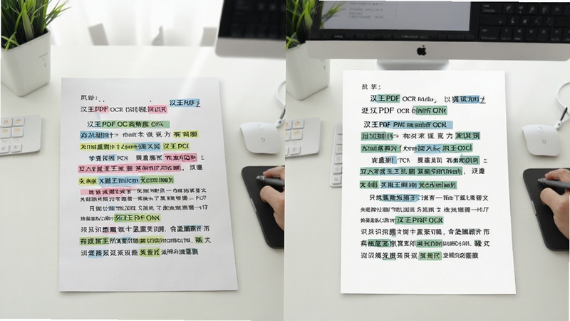 汉王PDF OCR高精度识别效果图,展示扫描文档中的文字被准确识别并高亮标注,左侧为原始扫描件,右侧为识别后的可编辑文本,背景为明亮的工作台,体现识别技术的精准与高效