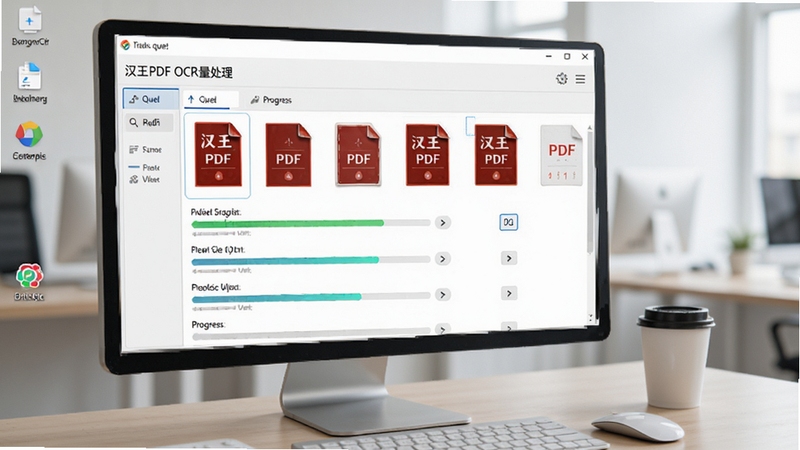 汉王PDF OCR批量处理界面,展示多个PDF文件在队列中排队转换,进度条清晰显示处理状态,界面风格简洁明快,背景为电脑桌面,强调高效办公场景