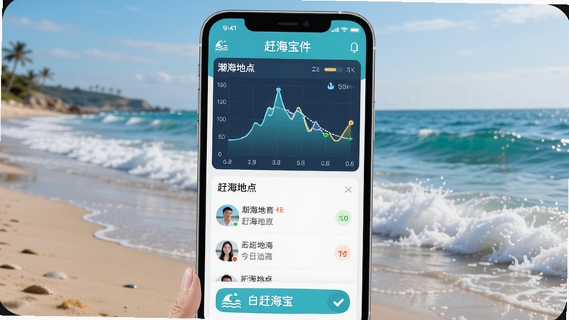 赶海宝软件主界面预览图,展示潮汐曲线图、赶海地点列表和今日赶海指数,风格清新自然,包含赶海宝字样,画面主体为手机界面居中,背景为海滩与海浪,适配Boogu模型生成。