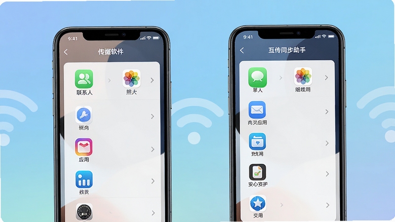 手机换机互传同步助手传输界面示意,两部手机通过无线连接,屏幕上显示数据分类清单,包括联系人、照片、应用等图标,背景为柔和渐变,画面写实细腻,突出软件名称