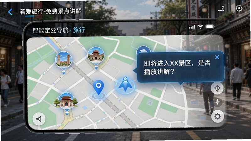若爱旅行-免费景点讲解的智能定位导航界面,地图上显示当前位置与附近景点标记,弹窗提示“即将进入XX景区,是否播放讲解?”,背景为街道实景,界面有蓝色定位箭头,整体风格科技感与自然融合,突出“若爱旅行-免费景点讲解”的智能陪伴特性