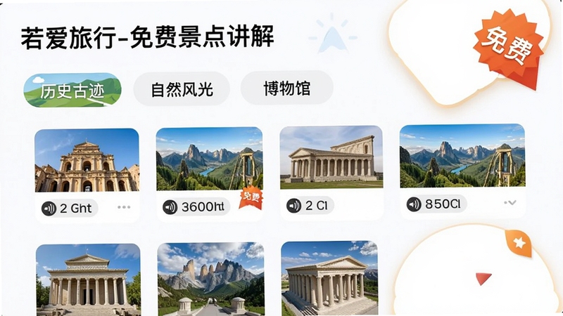 若爱旅行-免费景点讲解的景点列表页面示意图,展示分类标签如“历史古迹”“自然风光”“博物馆”,每个条目配有缩略图与语音时长标识,界面简洁明亮,强调免费标识,画面左上角显示“若爱旅行-免费景点讲解”字样