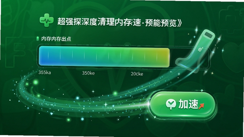 超强深度清理内存加速功能预览,显示内存占用条与加速按钮,背景为绿色健康风格,动态效果,突出性能提升
