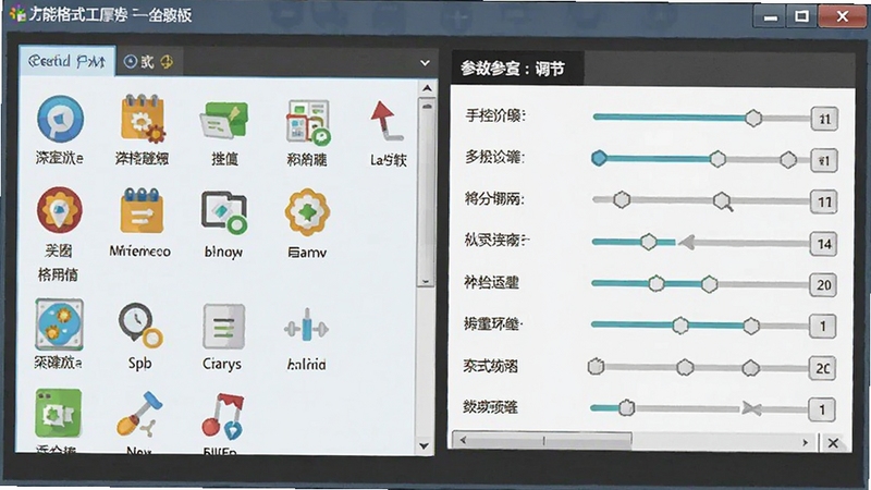 万能格式工厂格式转换操作面板,左侧为格式列表,右侧为参数调节区,色彩鲜艳,图标扁平化设计