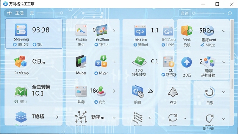 万能格式工厂主界面预览图,展示多格式转换功能列表,背景为浅蓝色科技感界面,图标清晰,整体明亮简洁