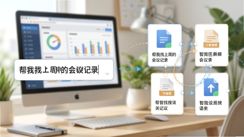 小智搜搜智能语义解析功能展示图,画面左侧为输入框,显示“帮我找上周的会议记录”,右侧呈现多个文件卡片结果,背景为柔和的工作台场景,有电脑屏幕和绿植,色调明亮,强调AI理解与匹配过程,细节丰富,高清渲染