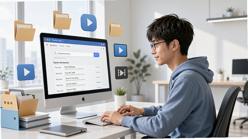 小智搜搜使用场景示意图,画面中一位年轻人在电脑前使用搜索功能,屏幕显示搜索结果列表,周围有文件、视频图标,背景为现代简约办公室,色调明亮,强调搜索效率,细节丰富,高清渲染
