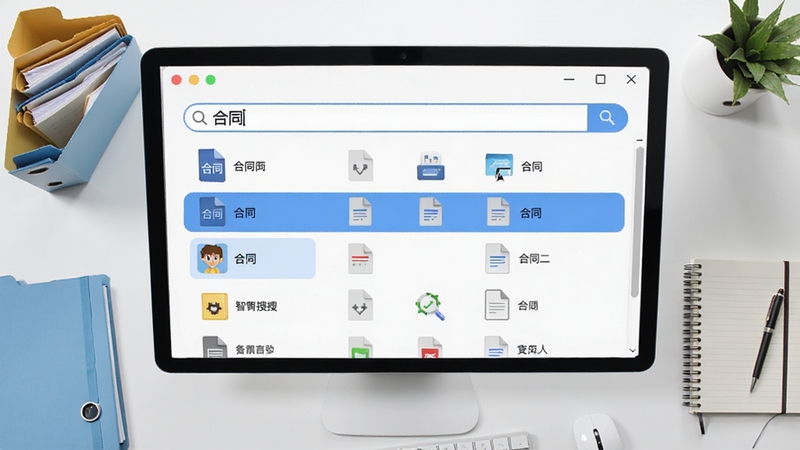 小智搜搜本地文件检索功能界面,画面为电脑桌面俯视图,搜索框输入“合同”,下方以列表形式显示多个文件图标,高亮显示匹配项,背景为整洁的办公桌面,有文件夹和笔记本,色调清新,强调快速定位,细节丰富,高清渲染