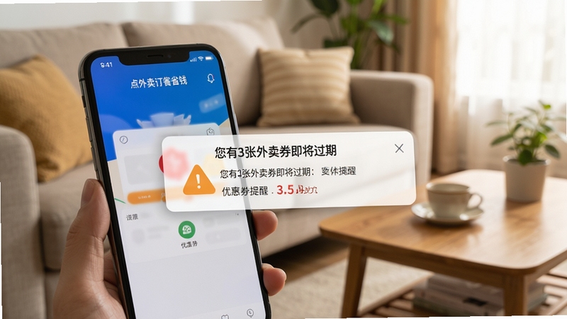手机展示“点外卖订餐省钱”的提醒通知界面,屏幕上弹出“您有3张外卖券即将过期”的提醒条,背景是温馨的客厅沙发和茶几,有手机支架,画面突出提醒时间与优惠券数量,整体风格生活化,色调柔和,光线自然。