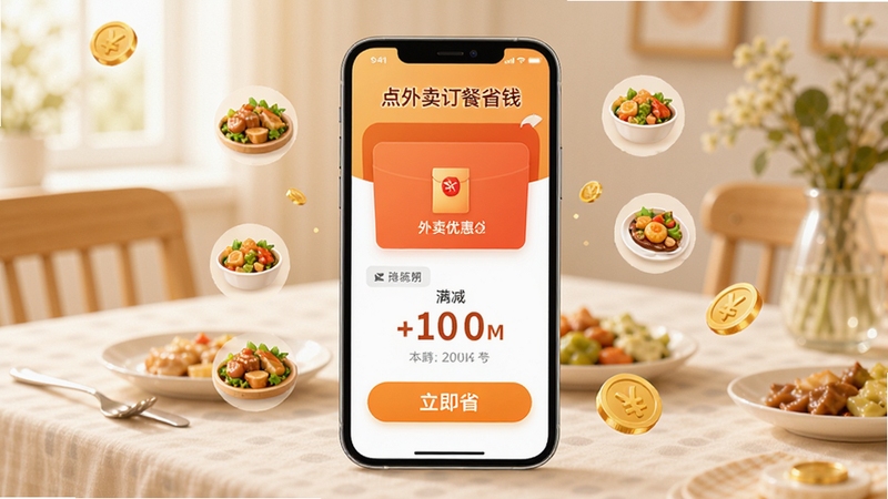 画面主体为一款名为“点外卖订餐省钱”的手机应用界面,悬浮在干净明亮的餐桌背景前,屏幕上清晰显示外卖优惠红包、满减金额和“立即省”按钮,周围点缀着美食图标与金币元素,整体色调温暖明亮,突出省钱主题,构图中心聚焦应用界面,背景虚化处理,适配Boogu模型生成。