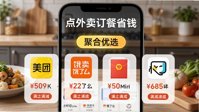 应用“点外卖订餐省钱”的智能优惠聚合界面,屏幕上横向排列着美团、饿了么等平台logo,每个logo下方显示对应的红包金额和满减标签,背景为模糊的厨房场景,有餐盘和食材,界面高亮突出“聚合优选”字样,整体风格简洁现代,色彩明快,适合AI生成。