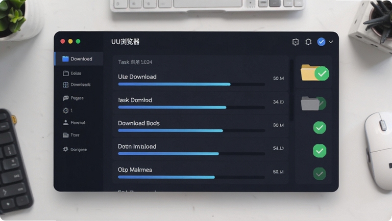 UU浏览器下载管理面板的俯视图,显示多个下载任务进度条,旁边有文件夹和绿色对勾,背景为简洁的工作台,突出实用与有序,AI生成
