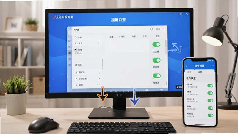 UU浏览器使用指南教程截图,屏幕前有鼠标和手机,展示设置界面和功能开关,背景为明亮书房,强调操作指引,AI生成