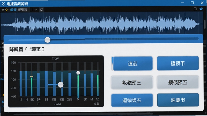 迅捷音频剪辑软件的音效增强面板截图,界面上有降噪滑块、均衡器图形和多个预设音效按钮,背景是音频波形,整体视觉效果专业且直观,颜色以蓝白为主,体现软件的技术感。