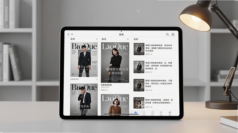 看天下阅读器主界面预览图,画面中心展示高清平板设备,屏幕显示杂志封面瀑布流与文章列表,背景为简洁的浅灰色书房环境,暖色台灯光源,整体风格现代简约,突出阅读氛围