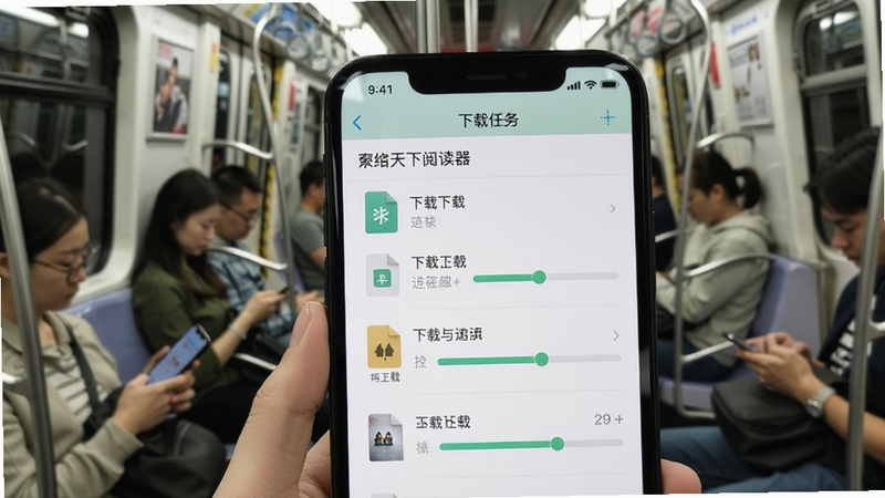 看天下阅读器离线下载管理界面,手机屏幕显示下载任务列表进度条,背景为地铁车厢内部,乘客正在使用手机阅读杂志文章,界面清晰展示已下载与待下载文件图标,色调清新自然