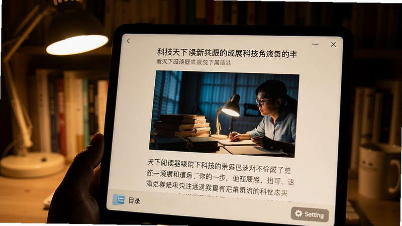 看天下阅读器文章阅读界面特写,屏幕显示一篇关于科技发展的长篇报道,文字排版整齐,配图精美,界面底部有目录和设置按钮,背景为夜晚书房场景,屏幕亮度柔和,突出护眼模式效果