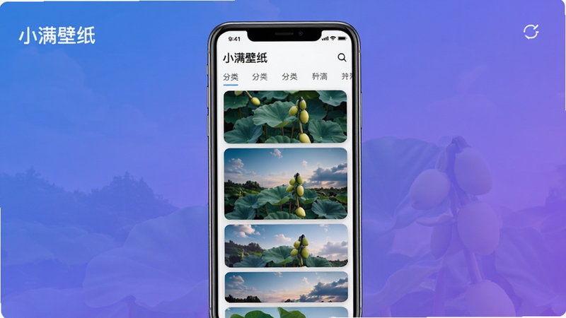 小满壁纸软件主界面预览图,展示高清手机竖屏壁纸瀑布流与分类导航栏,画面以现代简约风格呈现,背景为渐变蓝紫色调,界面布局清晰,突出软件名称小满壁纸字样,整体风格时尚且富有艺术感