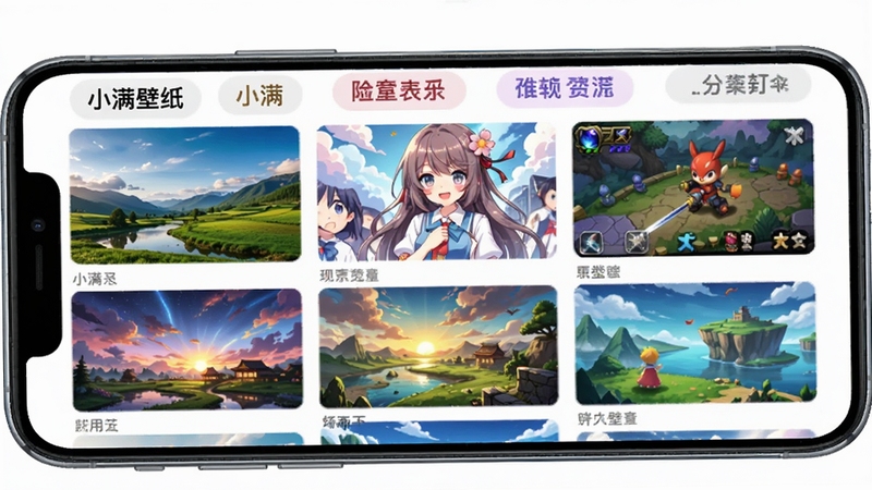 小满壁纸软件内部分类展示界面,手机屏幕显示风景、动漫、游戏等多个分类标签,配合精美的高清壁纸缩略图网格,画面色彩丰富,突出小满壁纸资源的多样性与分类清晰度,整体风格明亮活泼