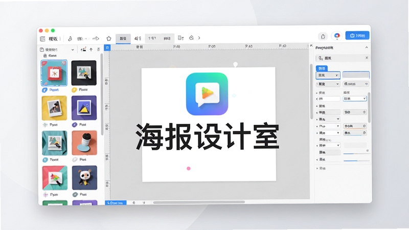 一张展示海报设计室软件主界面的高清预览图,画面中央是软件名称“海报设计室”的logo与主窗口,背景为浅灰色渐变,界面中可见左侧模板库、中间画布编辑区与右侧属性面板,整体风格简洁现代,色彩明亮,突出软件的多功能性与易用性。