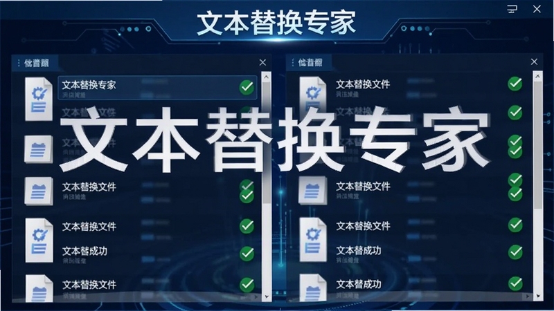 文本替换专家批量处理文件截图,显示多文件列表同时被替换,每个文件旁有绿色对勾表示处理成功,背景为深蓝色科技感界面,突出软件名称“文本替换专家”