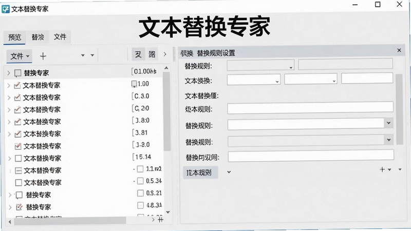 软件主界面预览图,展示文本替换专家的简洁操作面板,左侧为文件列表,右侧为替换规则设置区域,背景为浅灰色工作台,整体风格商务专业,突出软件名称“文本替换专家”