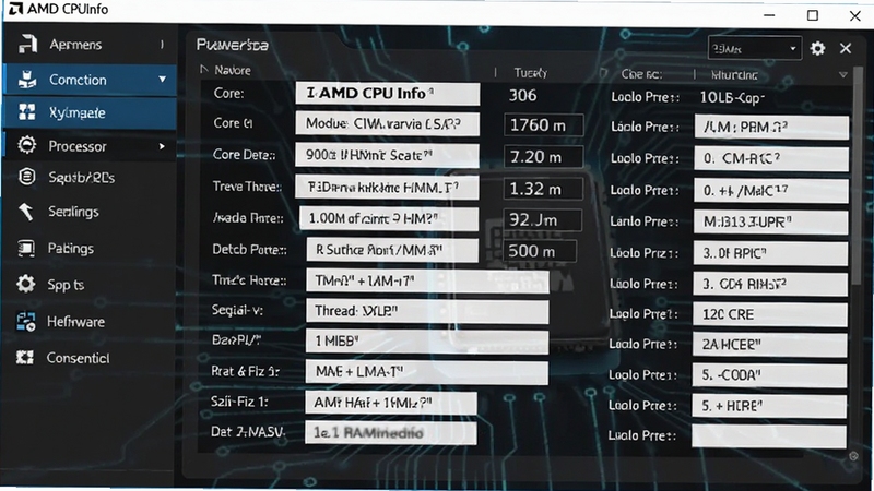 AMD CPUInfo�����������ͼ����ʾ�������ͺš����������߳�������Ƶ�Ȳ����б�������Ϊ����ɫ�Ƽ���񣬽��������������Ϊ���ܲ˵����Ҳ�Ϊ��ϸ��Ӳ����Ϣ��������ɫ��������Ϊ����ͻ��רҵ�С�