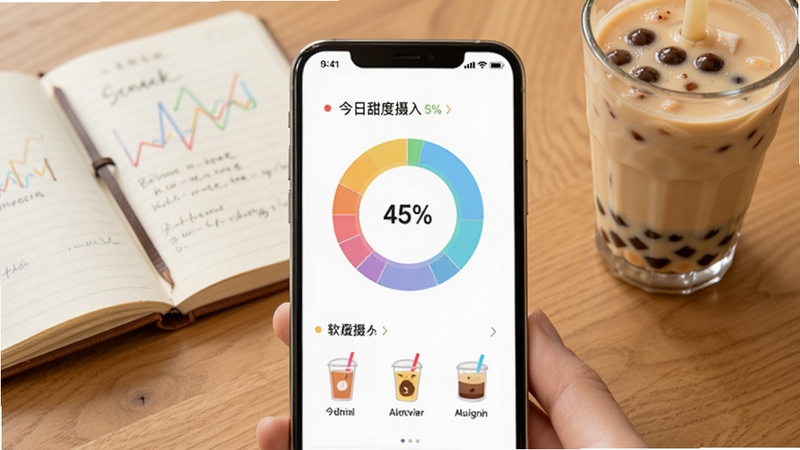 三分甜软件功能预览图,画面展示手机界面截图,屏幕上显示彩色环形统计图表,标注“今日甜度摄入”百分比,下方有几个饮品图标,背景为木质桌面,放有一本打开的笔记本和一杯奶茶,整体采用浅色调,突出功能记录与数据分析的场景。