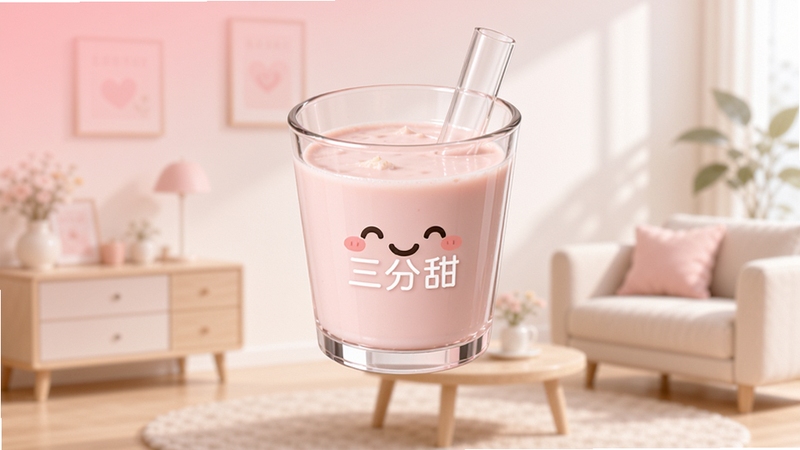 三分甜软件主界面预览图,画面以柔和的粉白渐变为主色调,中央悬浮着一个带有微笑表情的透明玻璃杯,杯中盛着浅粉色的饮品,杯壁标注“三分甜”字样,背景是模糊的简约客厅,光线明亮温暖,采用3D渲染风格,整体氛围治愈清新,突出软件的品牌名称与核心视觉元素。