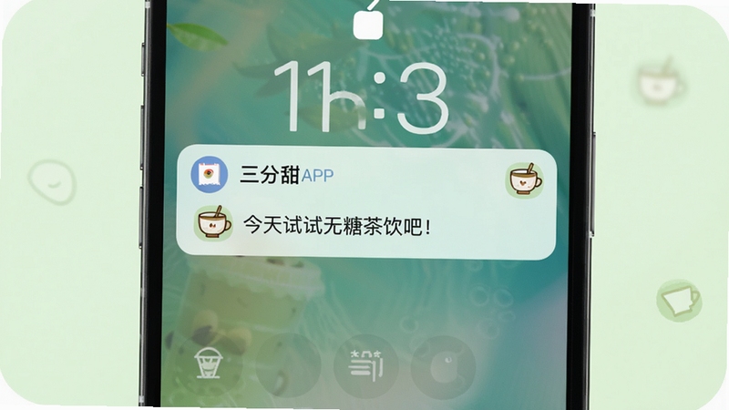 三分甜软件提醒功能预览图,画面展示手机锁屏界面,弹出一条来自三分甜APP的推送通知,内容为“今天试试无糖茶饮吧!”,背景是简约的浅绿色系,搭配一个可爱的茶杯图标,整体风格干净明亮,突出智能提醒与关怀氛围。