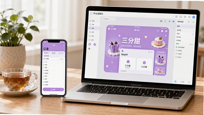 三分甜软件使用教程预览图,画面展示一部手机和一台笔记本电脑并排放置在书桌上,手机屏幕显示三分甜APP的“记录”页面,电脑屏幕显示模拟器运行同一软件的画面,周围有茶杯和绿植点缀,整体色调柔和,突出跨平台适配与教程场景。