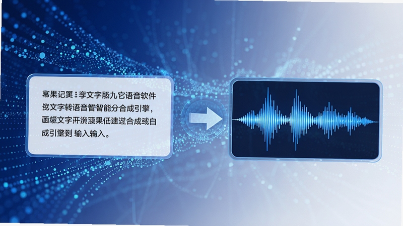 幂果文字转语音软件智能合成引擎工作示意图,画面展示一段文字从输入到转化为声波波形图的过程,背景有数字粒子流动效果,整体色调以蓝色和白色为主,体现高科技感和智能化的产品特性