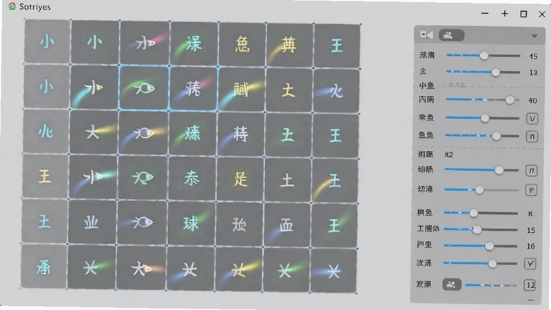 小鱼字符动画动态字符引擎界面截图,画面上显示多个字符在网格中运动轨迹,右侧有参数调节面板,背景为浅灰色,高光点缀,突出科技感与流畅感