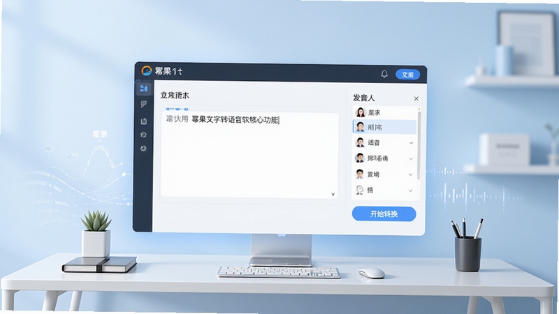 一张展示幂果文字转语音软件核心功能的宽幅预览图,画面主体为软件主界面悬浮于现代简约的办公桌面上,背景为柔和的浅蓝色渐变,界面清晰显示文本输入框、发音人选择列表与开始转换按钮,整体风格明亮专业,突出软件易用性与AI语音合成技术感