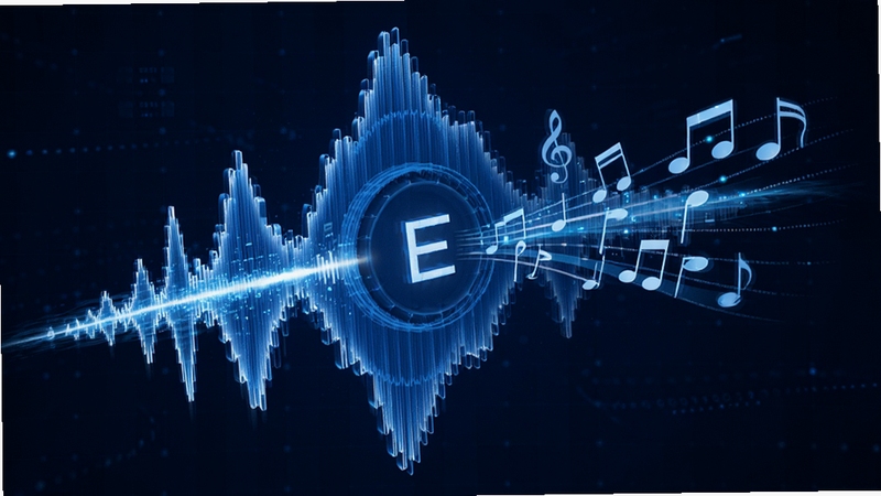 幂果文字转语音软件的智能语音合成引擎工作示意图,画面以科技感的数据流线条汇聚成一个立体声波图形,声波中心有清晰的文字符号正在转化为流动的音符,背景为深蓝色科技网格,整体色调以蓝色和白色为主,强调AI处理与高保真音频生成过程