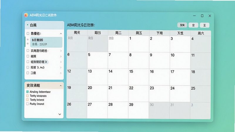 一张展示ABM阳光日历软件主界面的高清截图,画面中央是清晰的日历网格,左侧有日程列表和待办事项,整体配色明亮柔和,背景为简约的渐变蓝绿色,突出软件的清爽与高效,界面元素布局合理,适合作为软件官方预览图