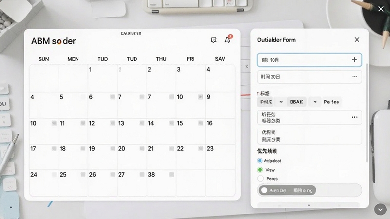 ABM阳光日历的日程编辑界面预览图,右侧显示详细的日程表单,包含时间选择器、标签分类、优先级选项,背景为浅灰色工作台风格,界面干净整洁,突出功能全面与易用性