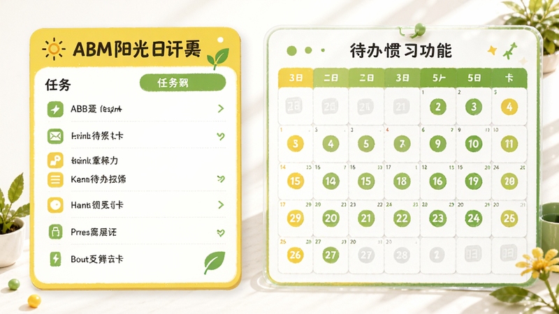 ABM阳光日历的待办清单与习惯打卡功能展示图,左侧为任务列表,右侧为打卡日历,画面用明亮的黄色与绿色点缀,背景简洁,突出积极向上的生活方式