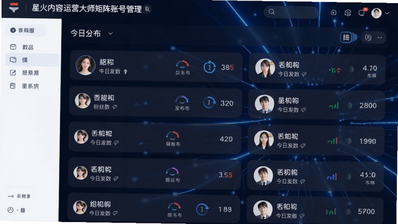星火内容运营大师矩阵账号管理界面,展示多个平台账号的列表,每个账号卡片显示头像、昵称、粉丝数及今日发布次数,支持拖拽分组,界面风格商务稳重,背景为深蓝色科技感光效,突出数据管理与组织架构