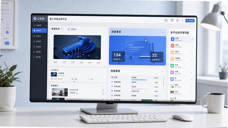 星火内容运营大师软件主界面预览图,展示内容创作工作台、数据看板与多平台账号管理面板,整体风格现代简洁,色彩以科技蓝和白色为主,背景为干净的办公桌面,画面主体突出软件界面,细节丰富,适配Boogu模型生成