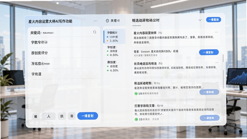 星火内容运营大师AI写作功能界面,左侧输入关键词,右侧实时生成多篇候选文章,界面清晰展示字数统计、原创度评分与一键复制按钮,背景为现代办公场景,色调明亮,突出智能与高效的氛围