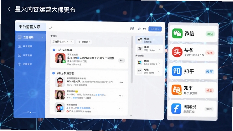 星火内容运营大师多平台分发管理界面,中间是内容编辑区,右侧列出各个平台账号的发布状态图标,包括微信、头条、知乎等,界面采用卡片式布局,色彩清新,背景为抽象网络连接图形,体现互联互通的主题