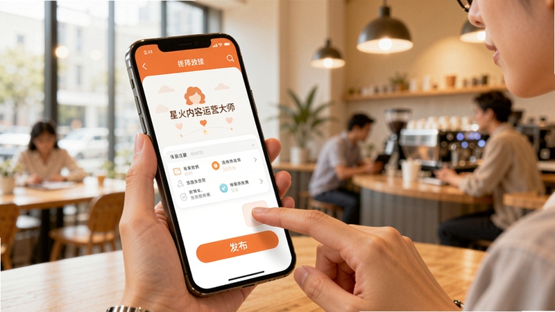 星火内容运营大师移动端使用场景图,展示手机屏幕上的软件界面,用户手指正在点击发布按钮,背景为明亮的办公室或咖啡厅环境,色彩温馨,体现便捷移动办公体验