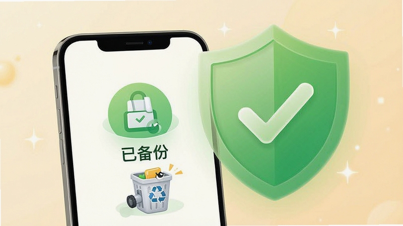 优效清理大师安全清理示意图,手机屏幕显示“已备份”图标与回收站图标,背景为绿色盾牌与对勾,整体风格温馨安全,强调数据可恢复性。